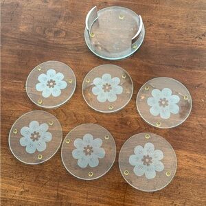 Glass Frosted Floral Coasters with Stand (set of 6)